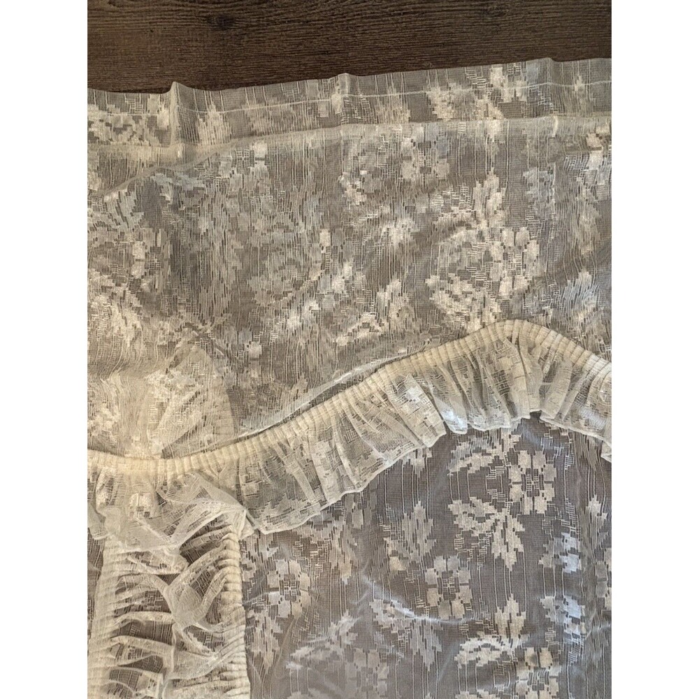 Vtg Ivory Floral Lace Curtain Ruffled Edges Attached Valance 58x84 Cottage Core - Picture 2 of 16